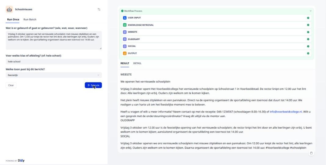 De webapp: formulier links, drie teksten rechts