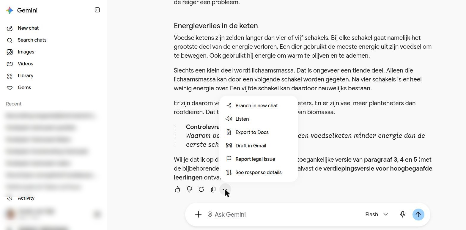 Het menu onder het antwoord: Export to Docs