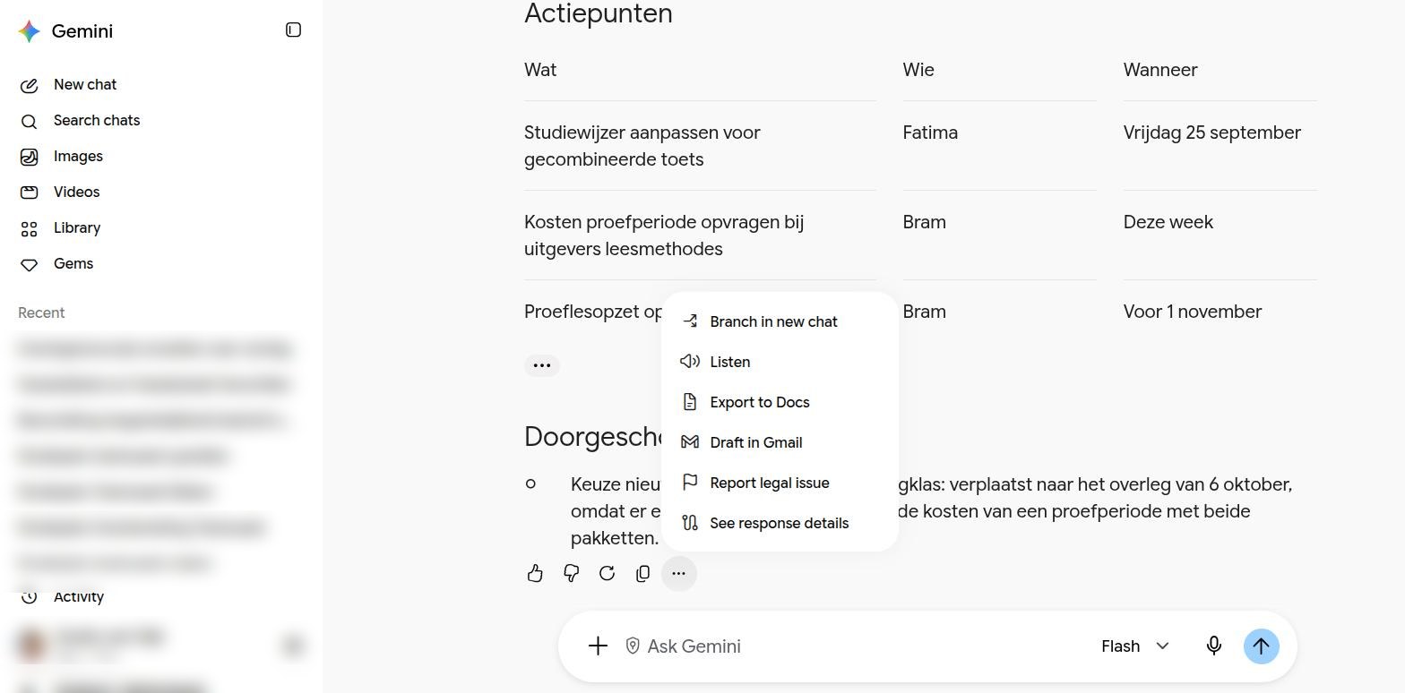 Het menu onder het antwoord met Export to Docs