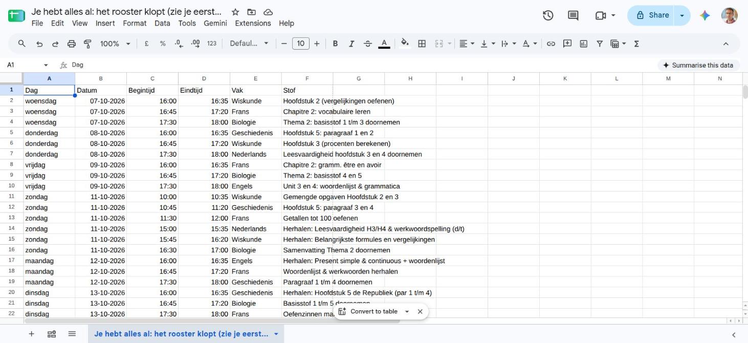 Het plan in Google Spreadsheets