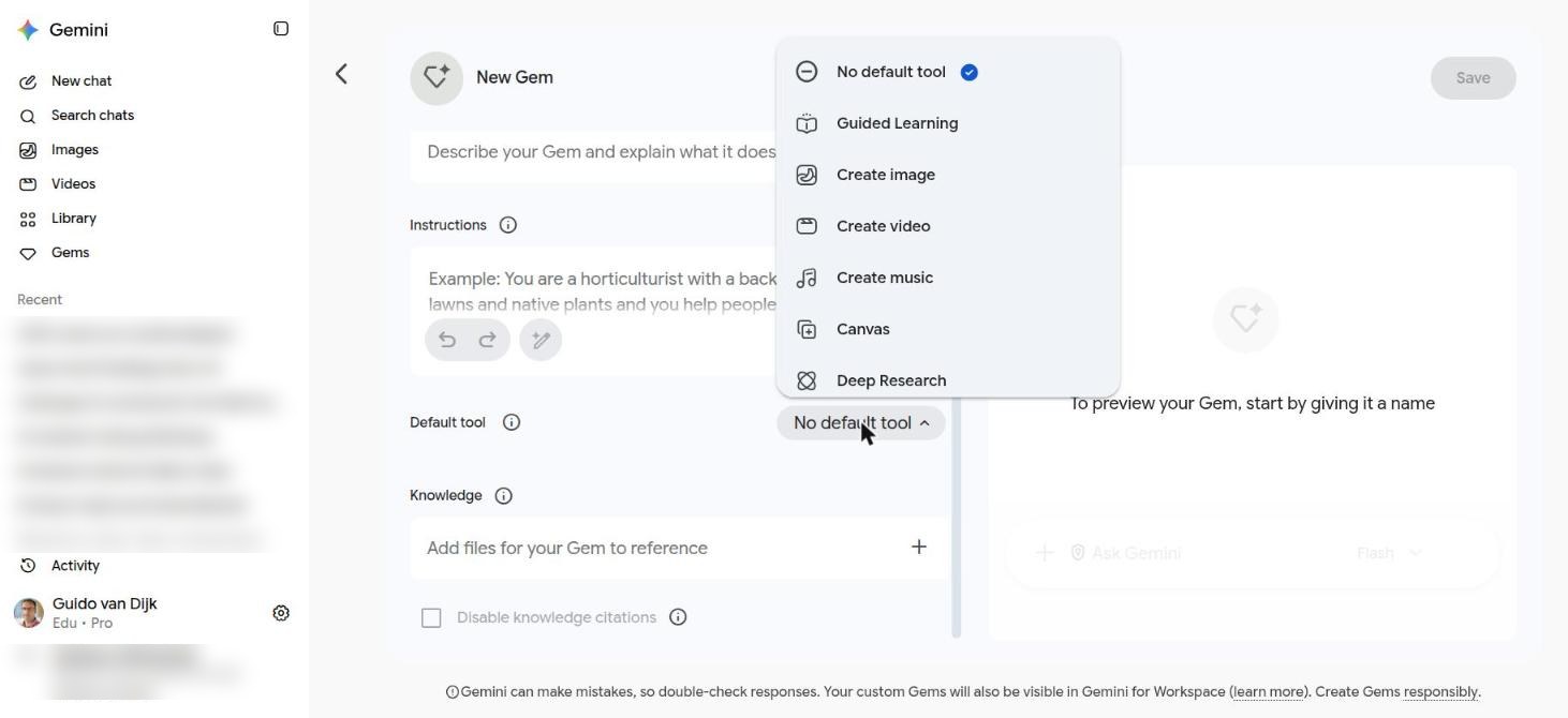 Het menu Default tool