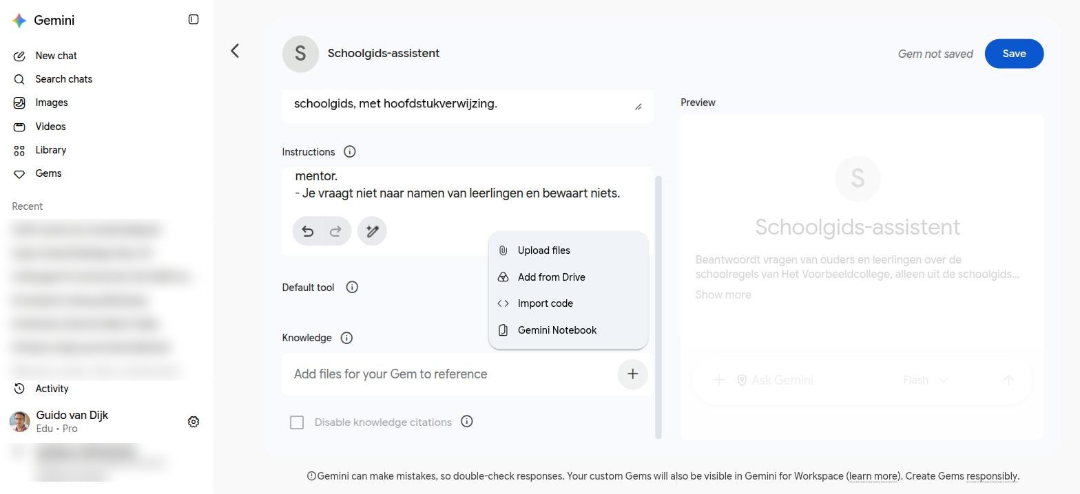 Het menu Knowledge: Upload files, Add from Drive, Import code, Gemini Notebook