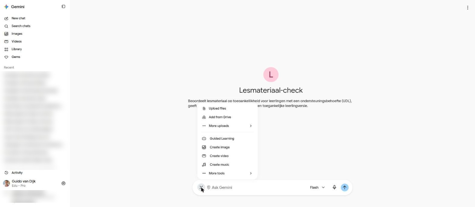 Het menu onder +: Upload files, Add from Drive, More uploads, en de tools