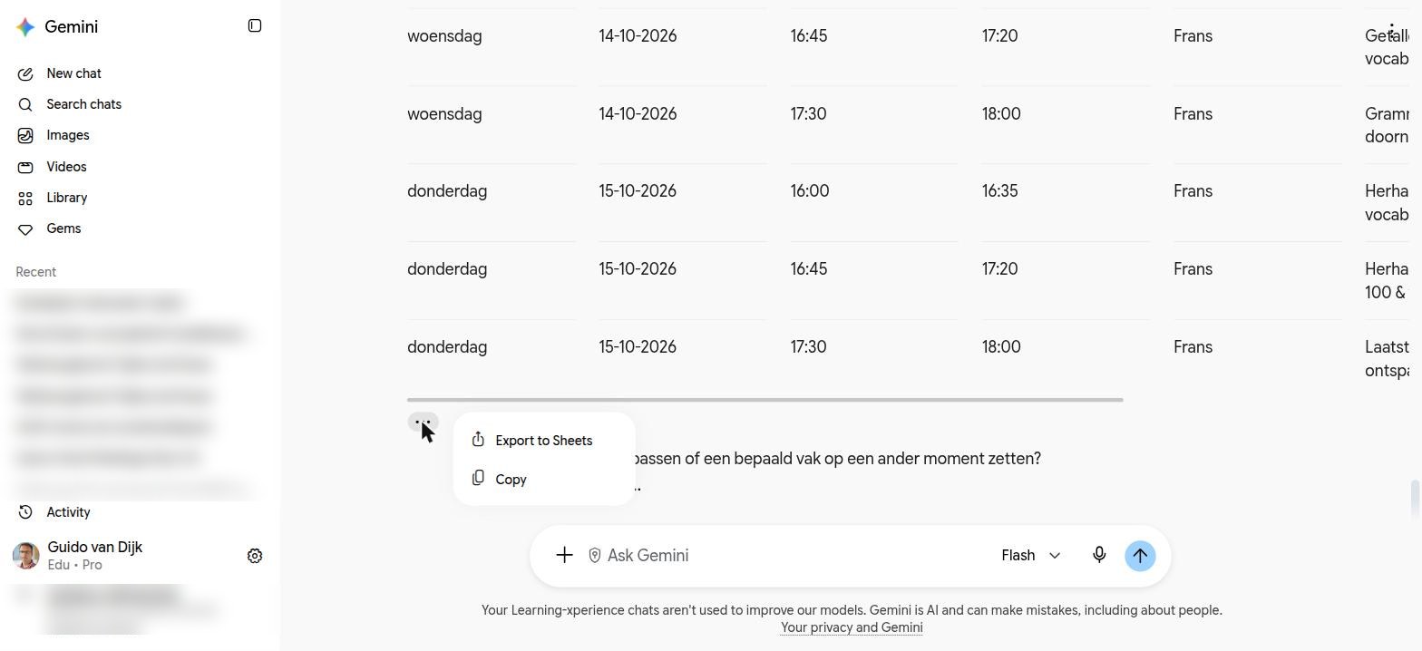 Het menu onder de tabel: Export to Sheets en Copy