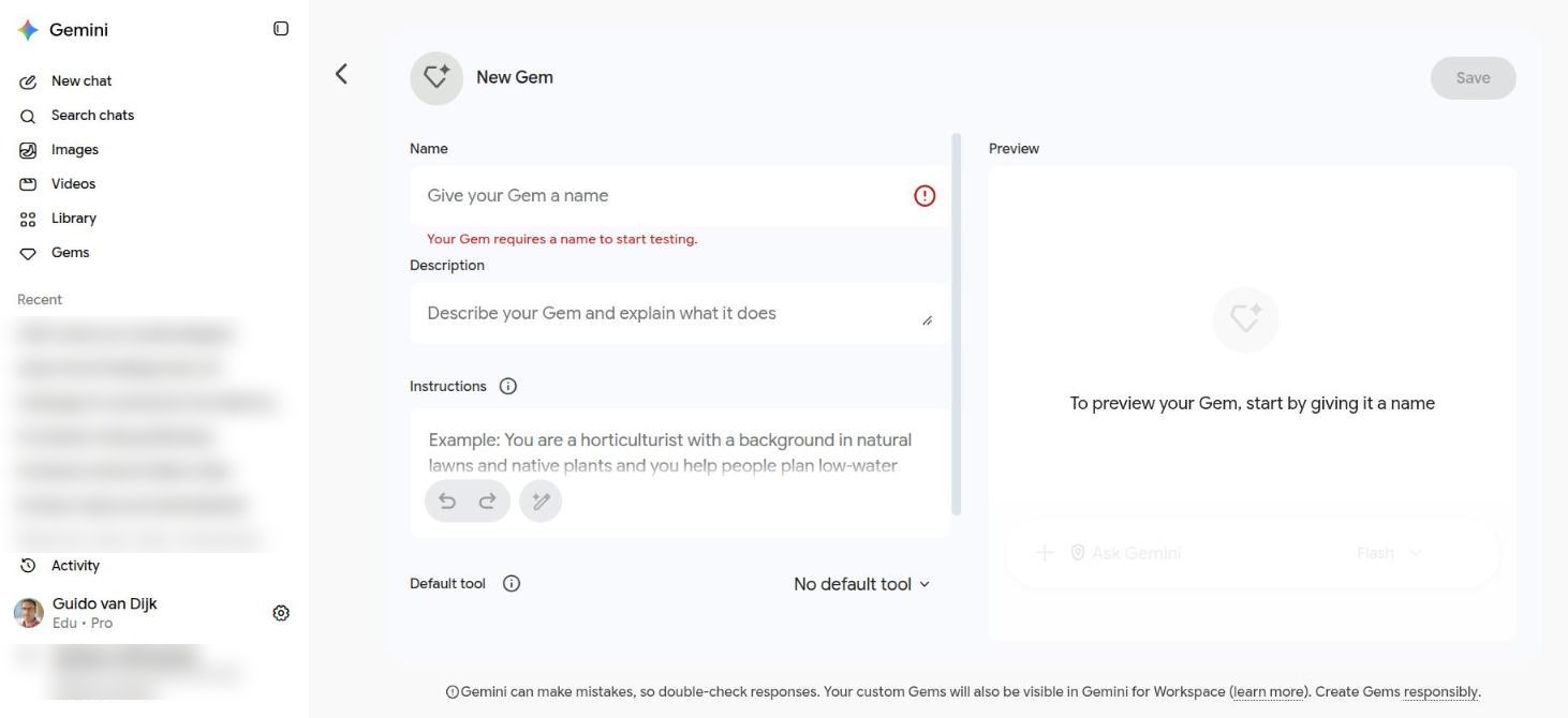 De lege Gem-editor: Name, Description, Instructions, Default tool, en rechts Preview