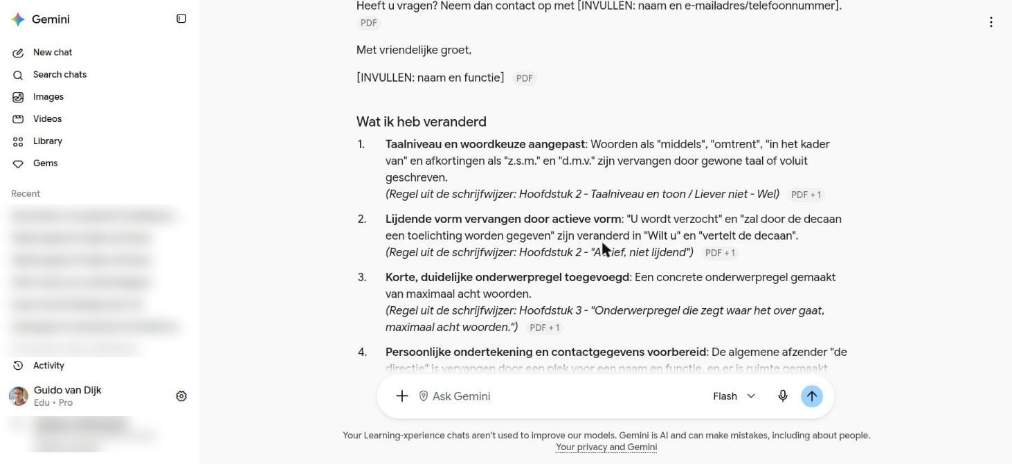 De ondertekening met [INVULLEN] en het begin van "Wat ik heb veranderd"